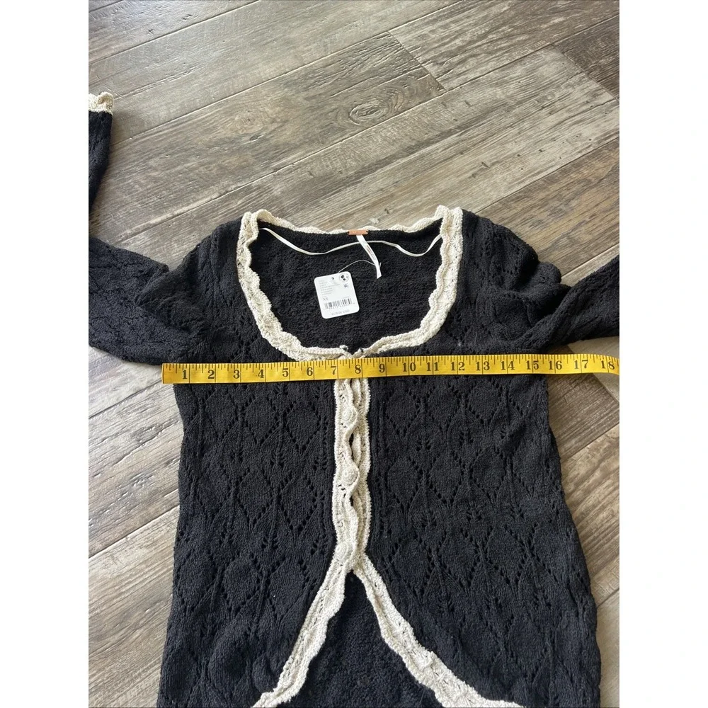 Free People Womens Cardigan XS Black Adelene Linen Crochet Pointelle Cottage Boh